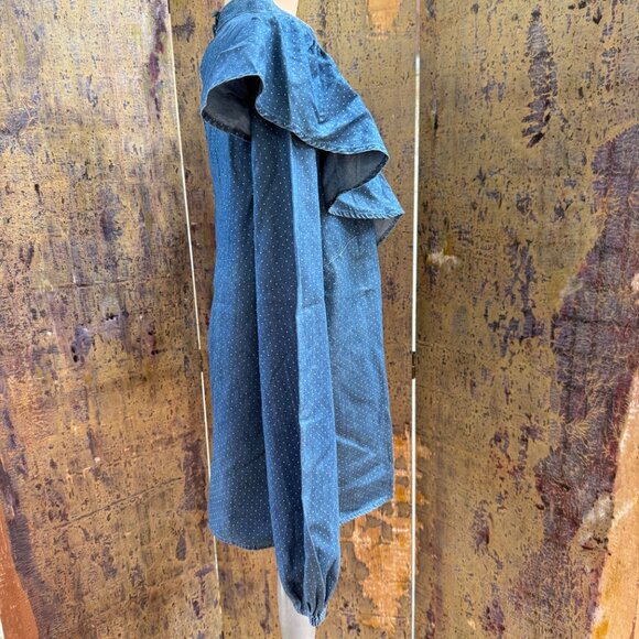 Love & Roses Pin Dot Indigo Blue Ruffled Blouse 10 - Picture 3 of 6